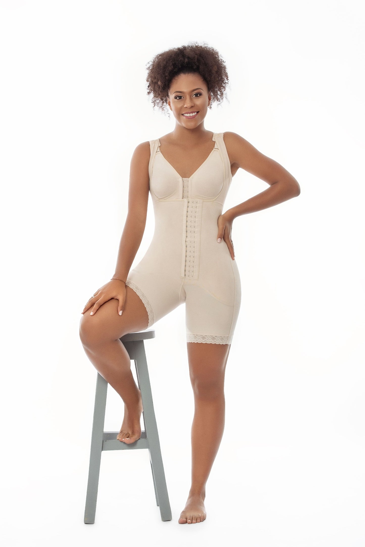 Braless full body above knee faja with sleeves and hook closure
