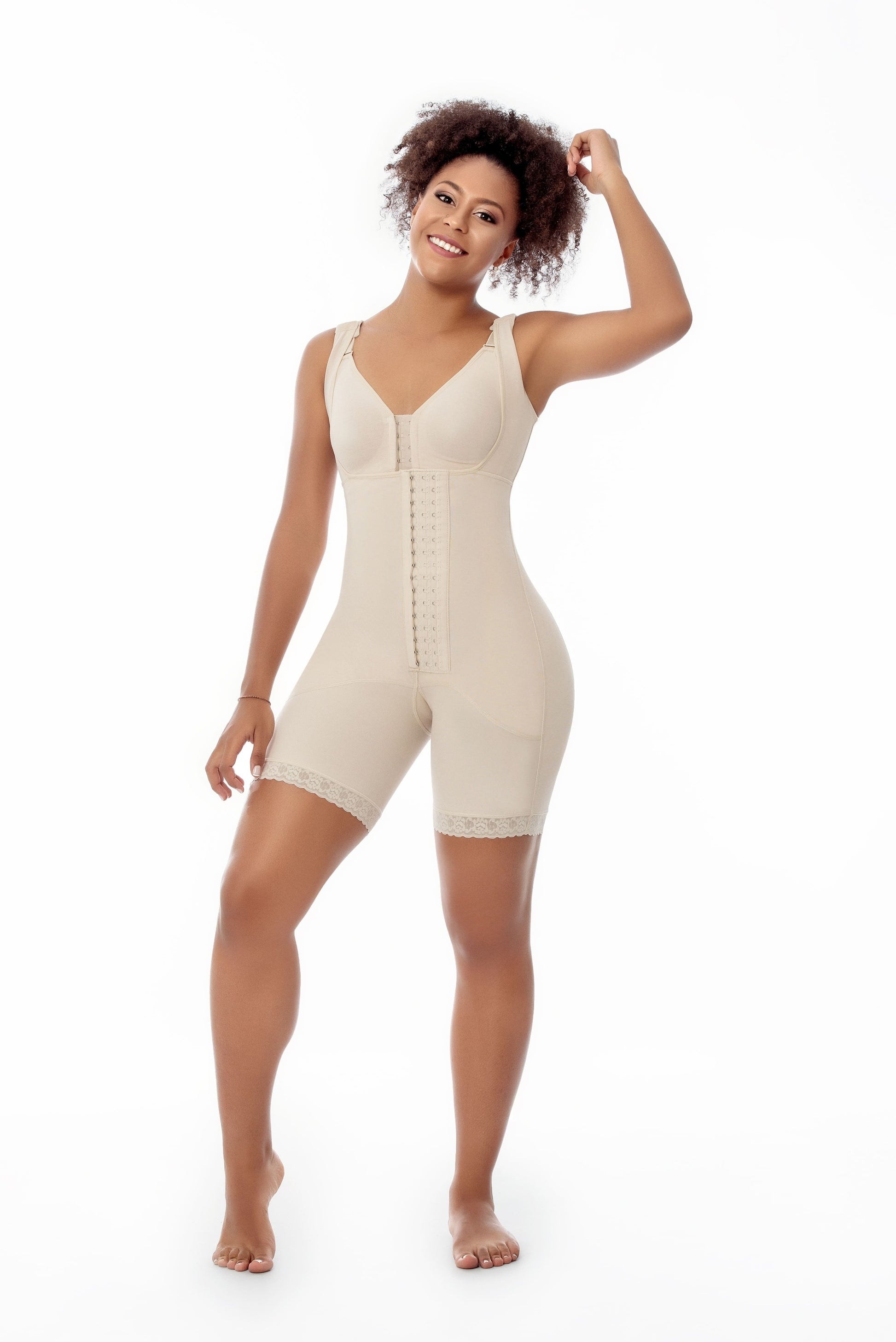 Braless full body above knee faja with sleeves and hook closure